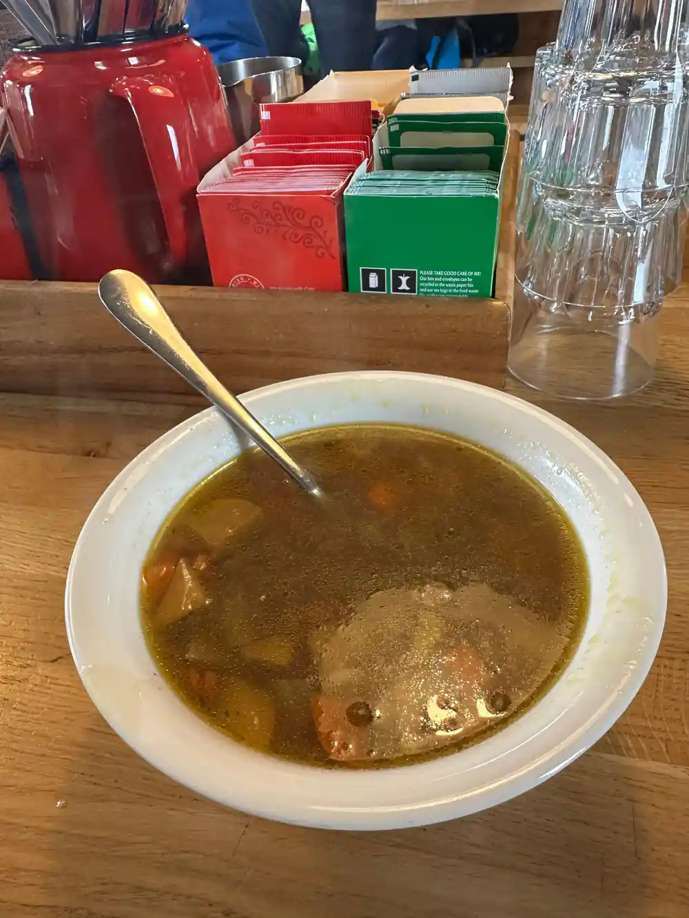 A bowl of Icelandic meat soup on the cabin table
