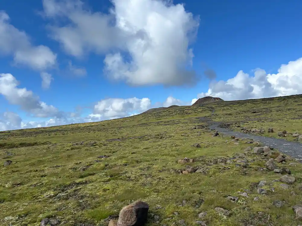 The cone on the horizon over green moss under a bright sky
