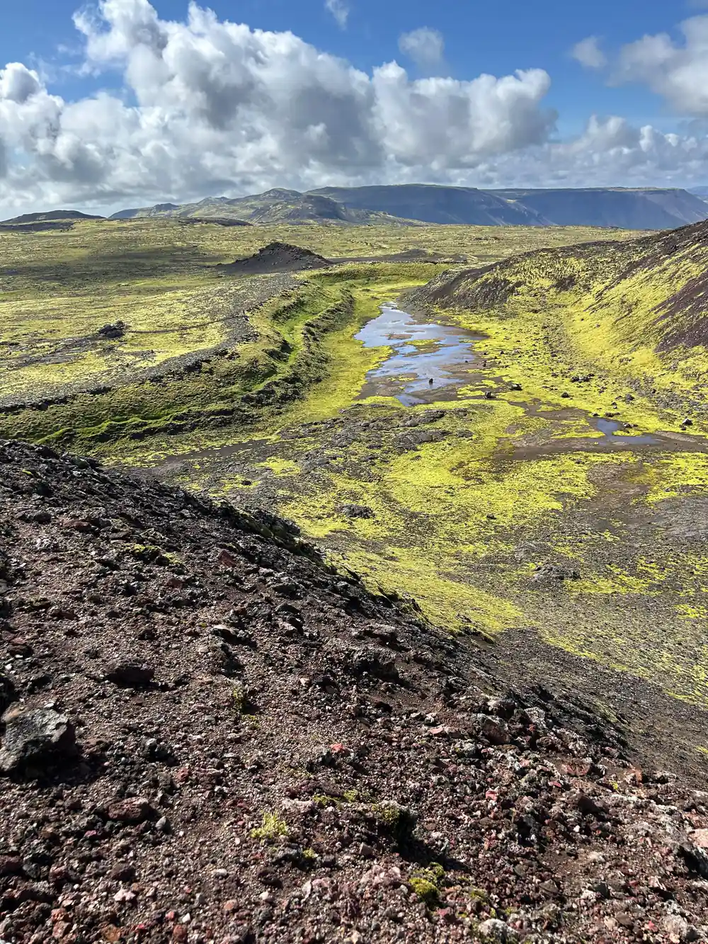 A shallow valley of moss and rock with a stream in the lava field