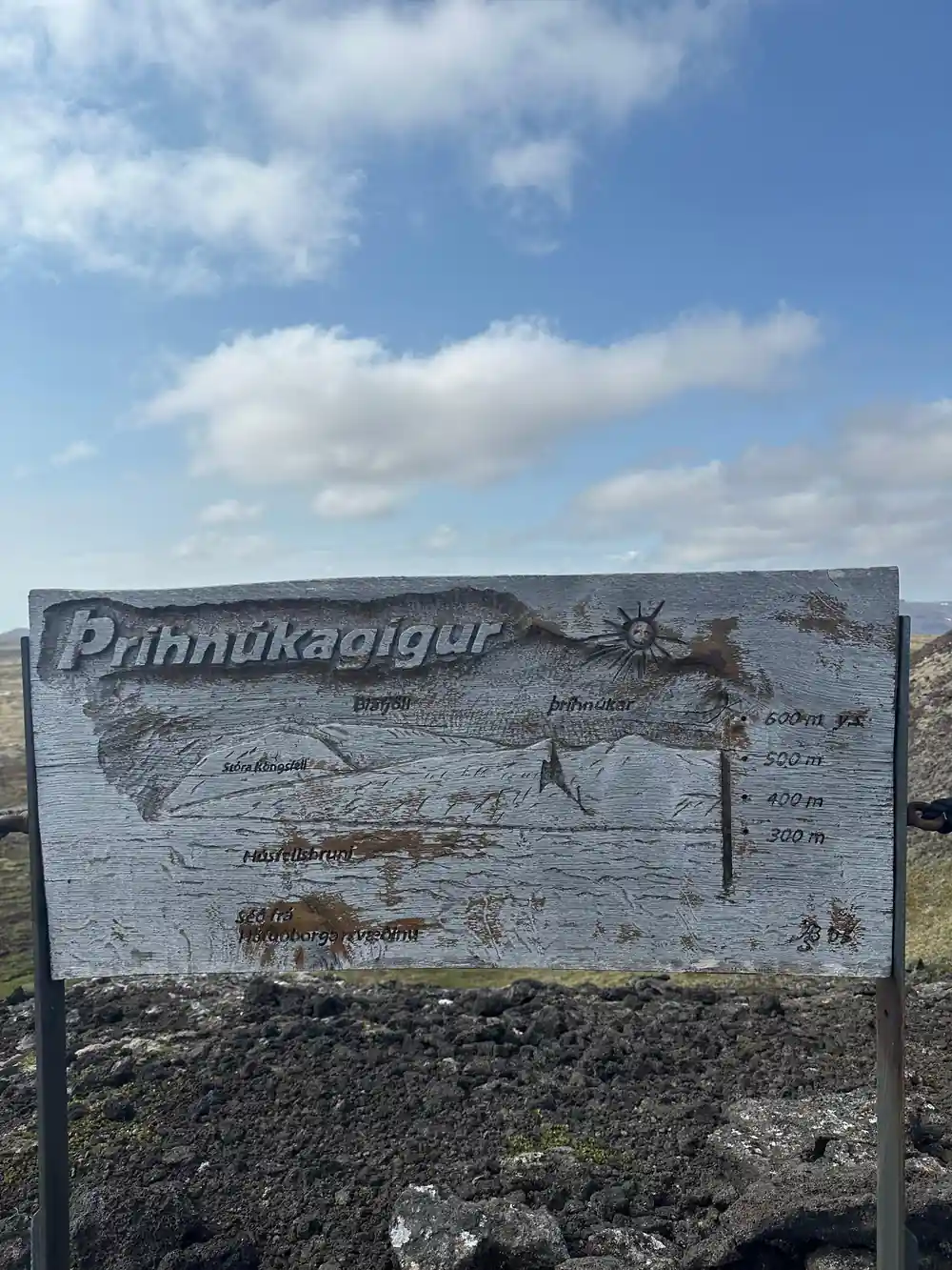 The Thrihnukagigur cross-section sign on the lava under cloud