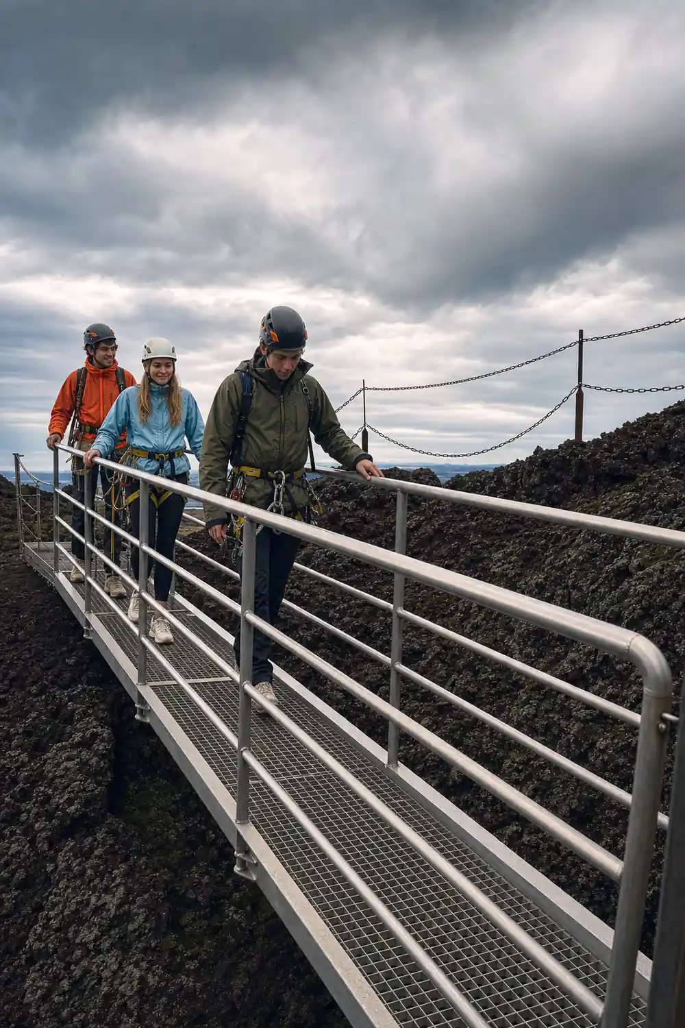 Visitors on the steel walkway at the crater rim