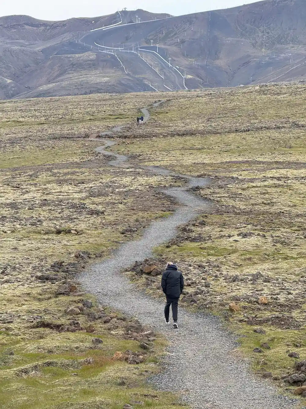 A walker alone on the gravel path across the moss plain